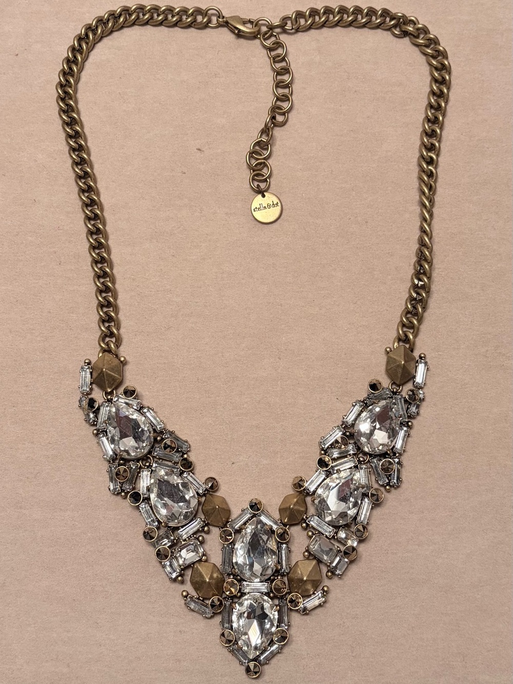 Stella & Dot Clear Crystal and Antique Gold Statement Necklace